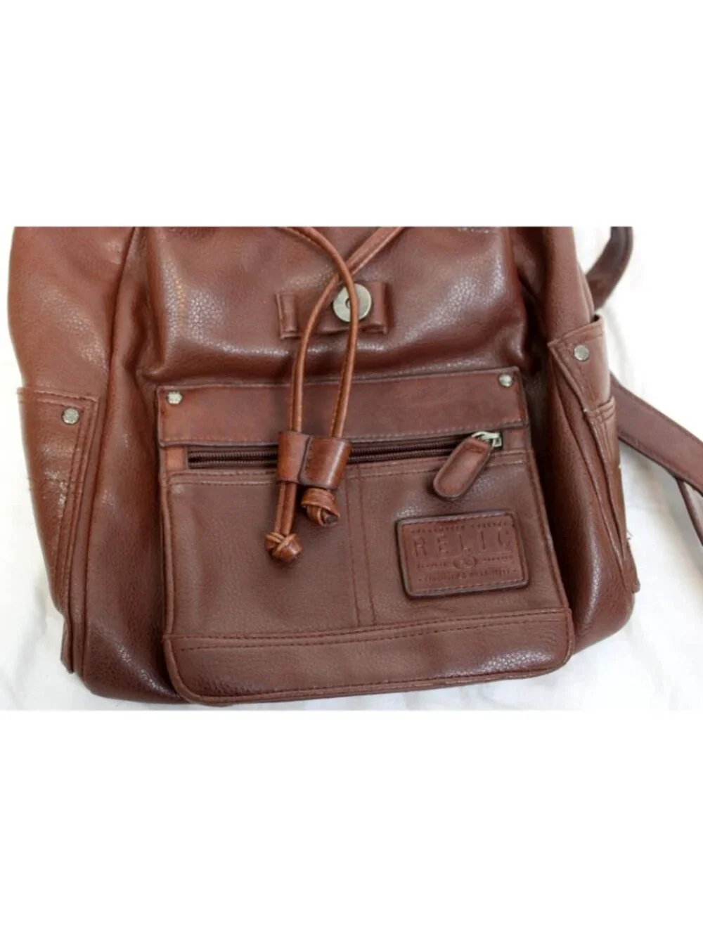 Relic Brown Leather Mini Backpack Drawstring Adjustable Straps Lined Flap Pocke